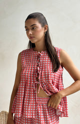 CAPRI GINGHAM PLEAT FRONT TIE TOP - MAMA