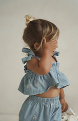 DENIM BOW TIE CROP & PANT SET