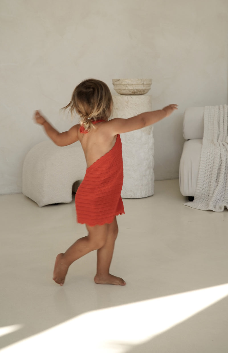 BIRDIE HALTER CROCHET DRESS - RED