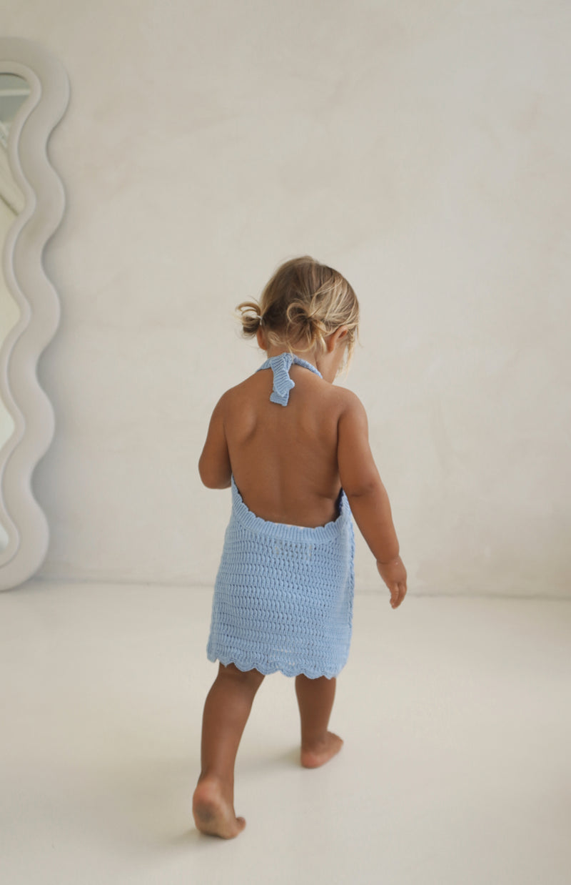 BIRDIE HALTER CROCHET DRESS - AZURE