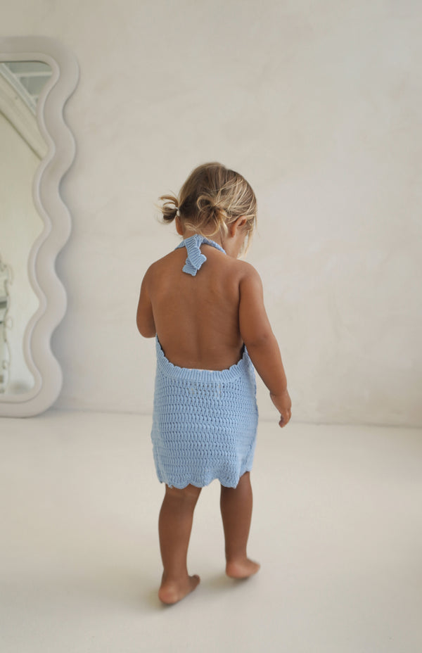 BIRDIE HALTER CROCHET DRESS - AZURE